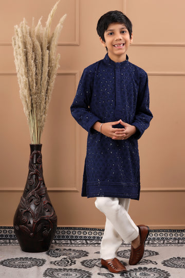 Boys Embellished Blue Sequinned Kurta